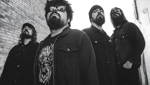 Monochrome rock band portrait with low-angle urban framing.