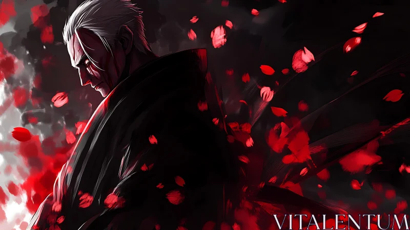 Battle-worn swordsman in chiaroscuro lighting amid red particle burst