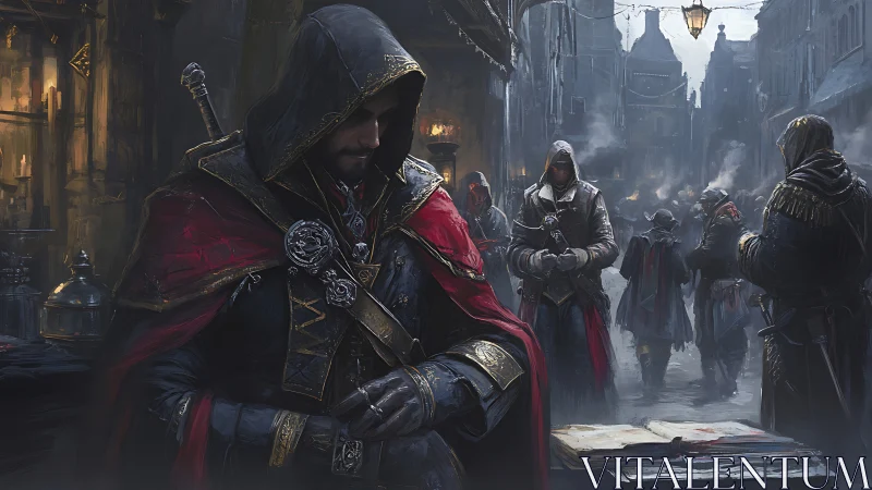 Hooded medieval assassin guild in foggy cobblestone alleyway