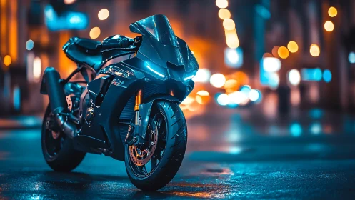 Midnight sport bike glows under neon city streetlights