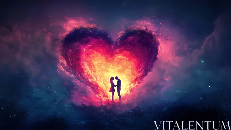 Silhouetted Figures Within Luminous Heart Formation.