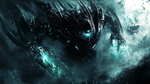Abyssal mech titan emerges through teal storm fog.