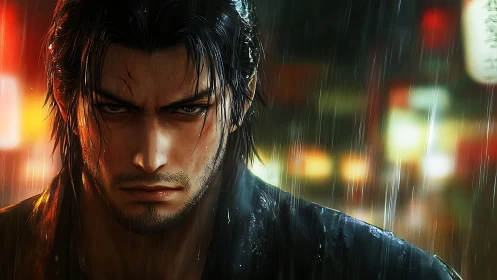 Rain-soaked warrior portrait under neon bokeh with cinematic rim lighting