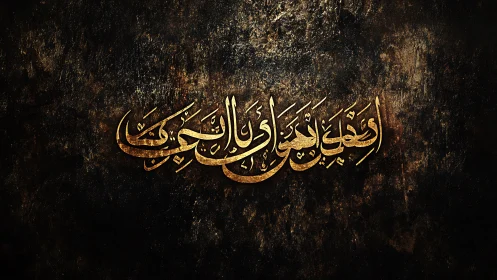 Golden Arabic calligraphy glows on a dark textured wall