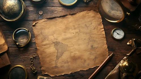 Old nautical map and instruments arranged on wooden table