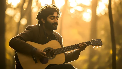 Guitarist enjoys golden hour melody in tranquil forest setting.