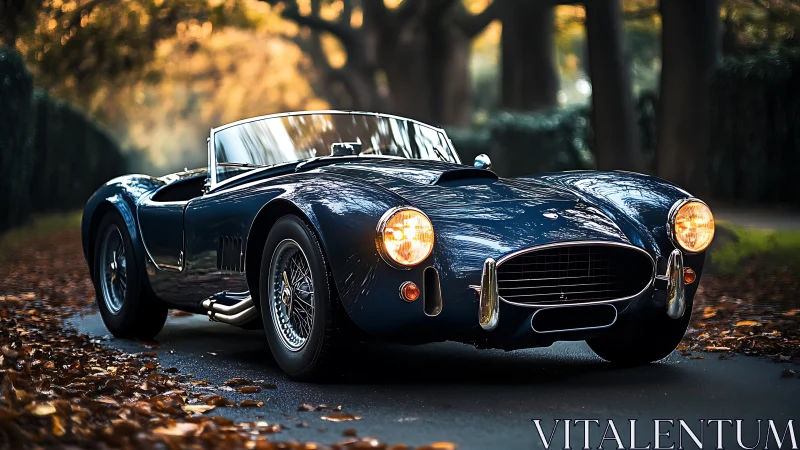Classic blue roadster under warm autumn tree canopy.