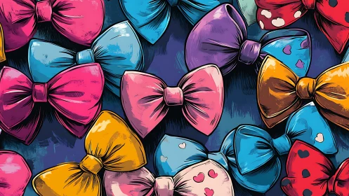 Multicolored bow pattern shows bold outlines and stylized shading