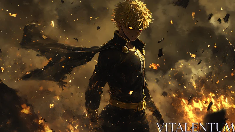 Blond anime figure in black uniform amid fire and smoke.