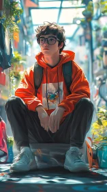 Streetwise daydreamer in neon orange calm between adventures.