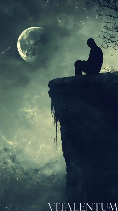 Moonlit cliffside daydream with a lone thoughtful figure.