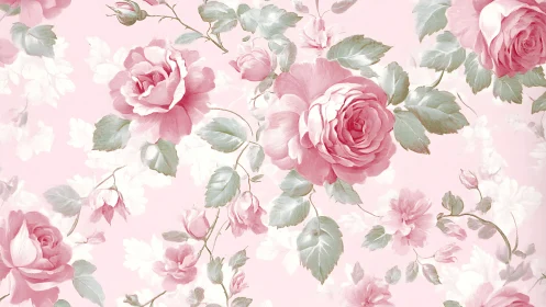 Pink rose floral pattern on pale background with foliage.