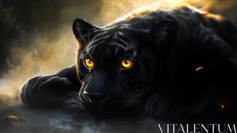 Black panther resting on ground in low warm backlight scene.
