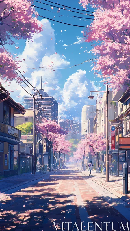 Cherry blossom avenue under clear blue urban spring sky.