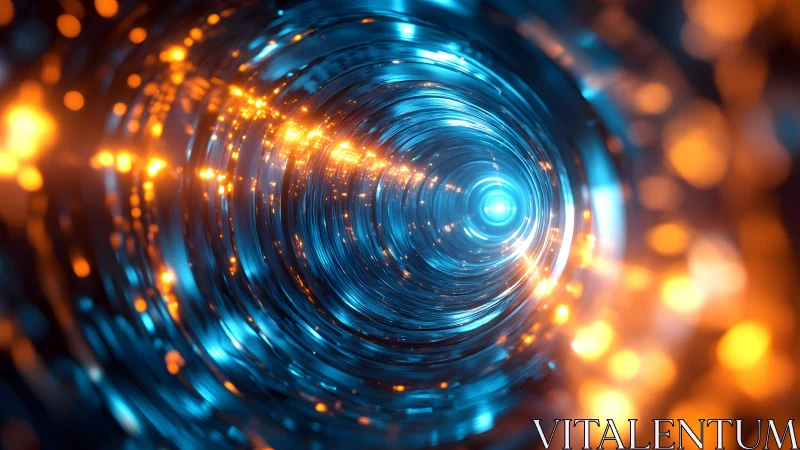 Futuristic glowing tunnel with blue and orange lights, digital art.