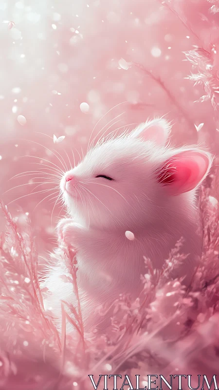 Dreamy pink kitten basking in soft petal-kissed light.