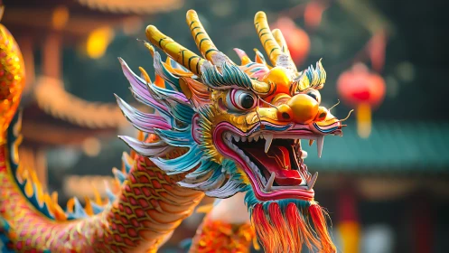 Multicolored Chinese dragon sculpture in outdoor setting.