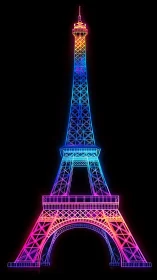 Neon wireframe Eiffel Tower model stands on black background