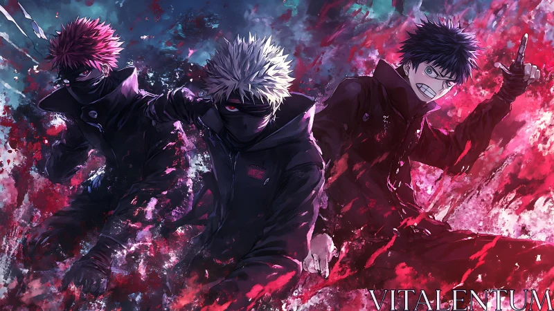 Dynamic trio unleashing fierce energy in vivid battle scene.