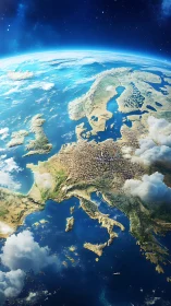 Europe from orbit under vivid daylight atmospheric glow.