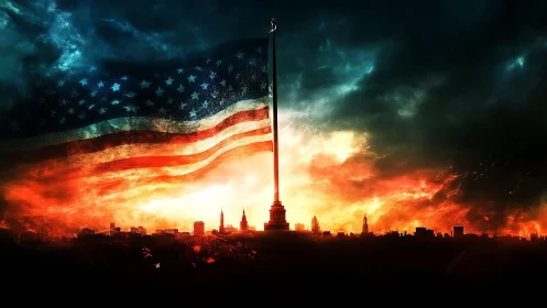 Stormlit American banner over burning city skyline horizon.