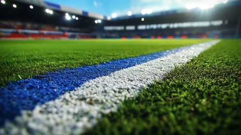 Close-up view of painted touchline on empty football field.