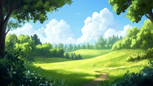 Sunlit meadow landscape curves beneath towering summer clouds