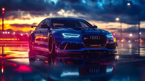 Ultrarealistic blue Audi sedan on neon wet asphalt at dusk.