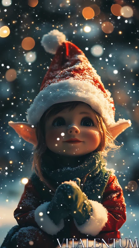 Christmas elf child gazes upward under softly falling snow
