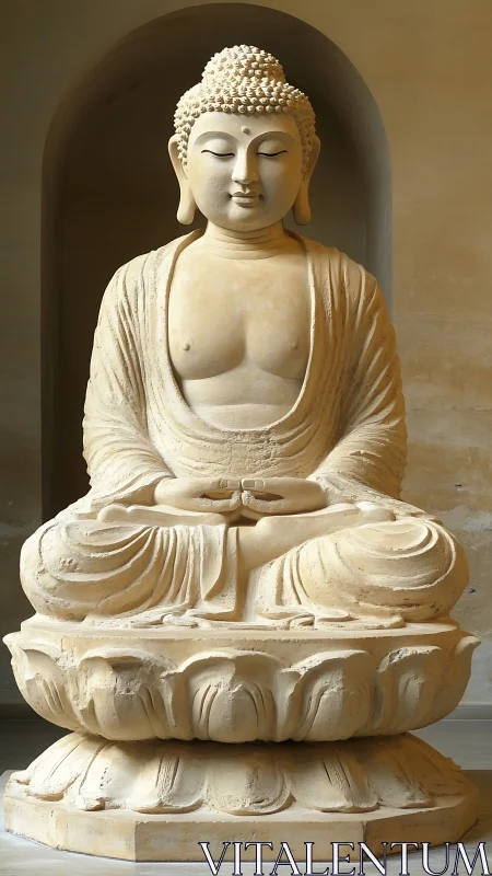 Serene stone Buddha sculpture seated on lotus pedestal.