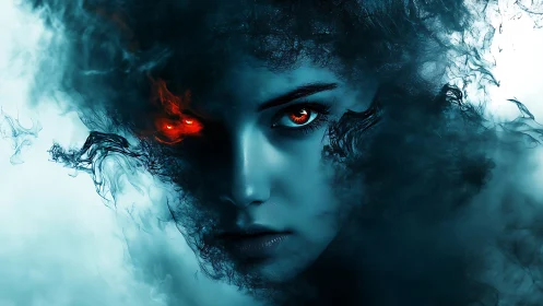 Ember eyed specter rising from storm blue digital smoke.