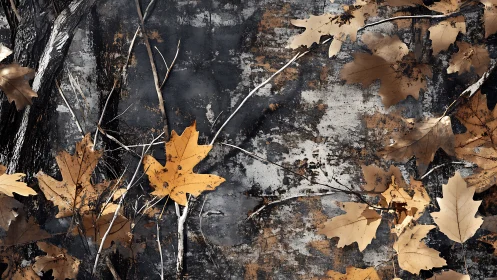 Autumn maple leaves over distressed concrete texture.