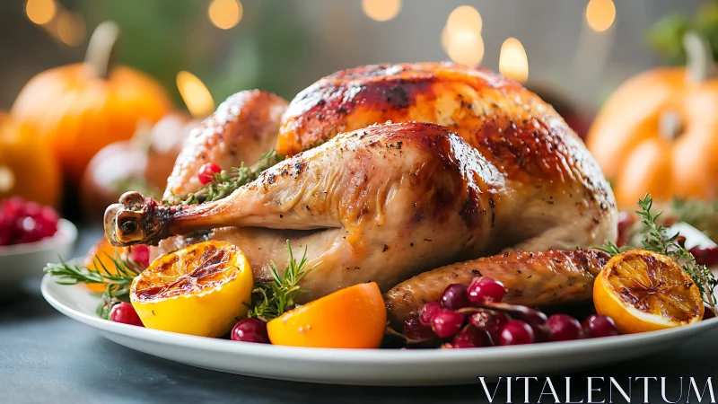 Golden holiday roast turkey with cozy citrus glow on table.