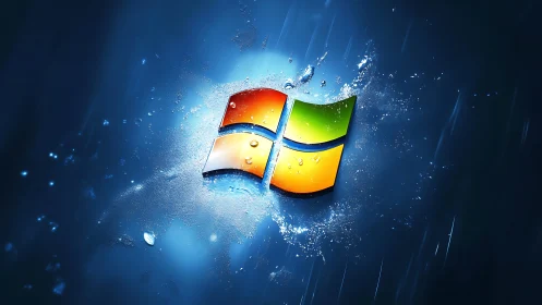 Windows logo bursts through liquid blue digital surface.