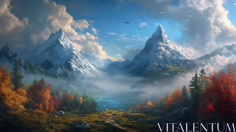 High dynamic range alpine valley with mist, lake and snow peaks