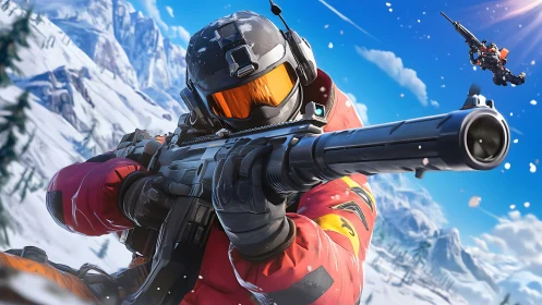Armored Sentinel Takes Aim Across Snow-Cloaked Alpine Peaks