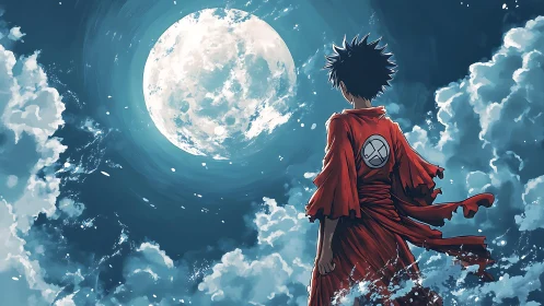 Lone warrior in red gazes at a vast moonlit sky