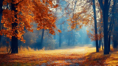 Autumn Forest Alley with Golden Foliage and Misty Depth.