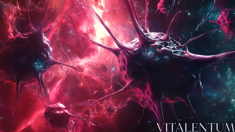 Neon cosmic neurons drift through a glowing galactic void