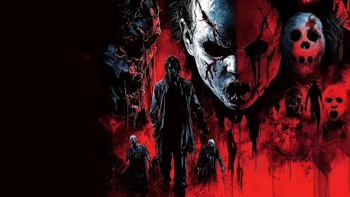 Mask of dread looming over blood-red nightmare tableau.