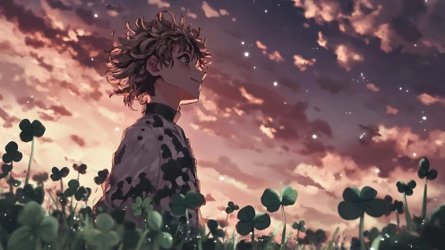 Anime boy in clover field under glowing sunset sky.
