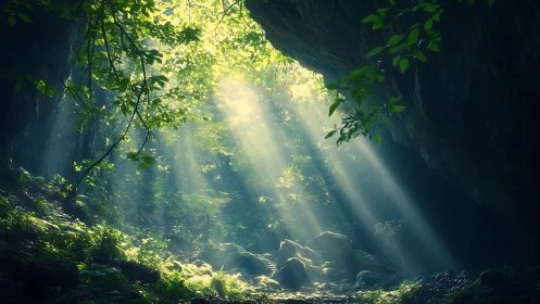Volumetric sunbeams penetrate mossy cavern floor vegetation