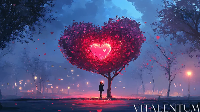 Digital rendering depicts solitary figure beneath illuminated heart-shaped tree structure.