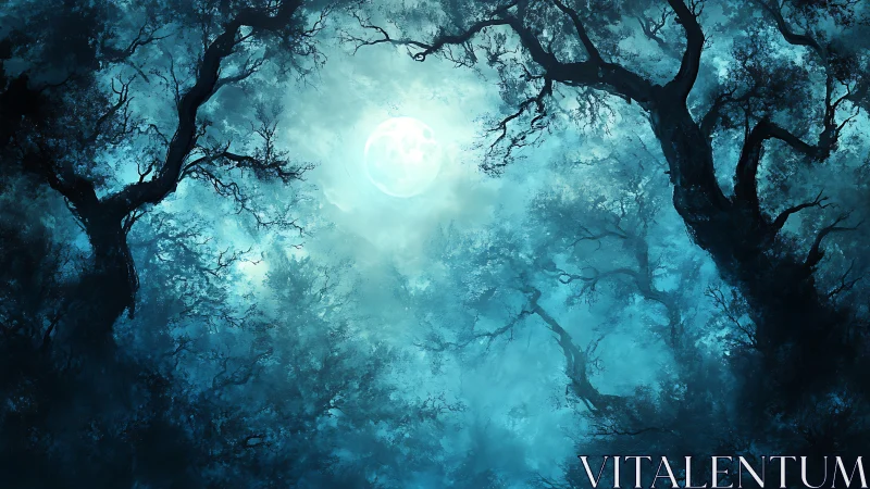 Moonlit fog drifting through dense, silhouetted forest canopy