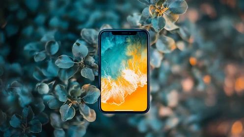 Smartphone displaying ocean wave landscape amid foliage surroundings