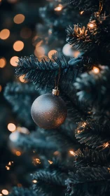 Silver bauble on moody teal Christmas tree lights closeup.
