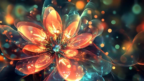 Luminous fractal flower glows with radiant translucent petals.