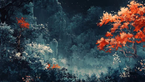 Bioluminescent valley contrasts crimson canopy in atmospheric dusk