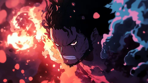 Furious anime warrior emerging from swirling firestorm clouds.