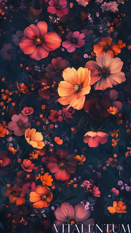 Vibrant Cosmos Blooms Against Dark Night Garden